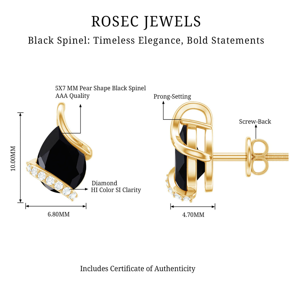 1.25 CT Natural Black Spinel Teardrop Stud Earrings with Diamond