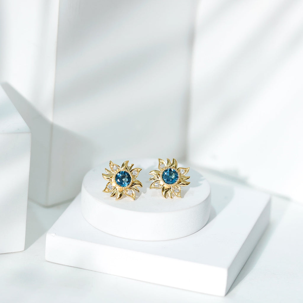 London Blue Topaz and Diamond Flower Stud Earrings