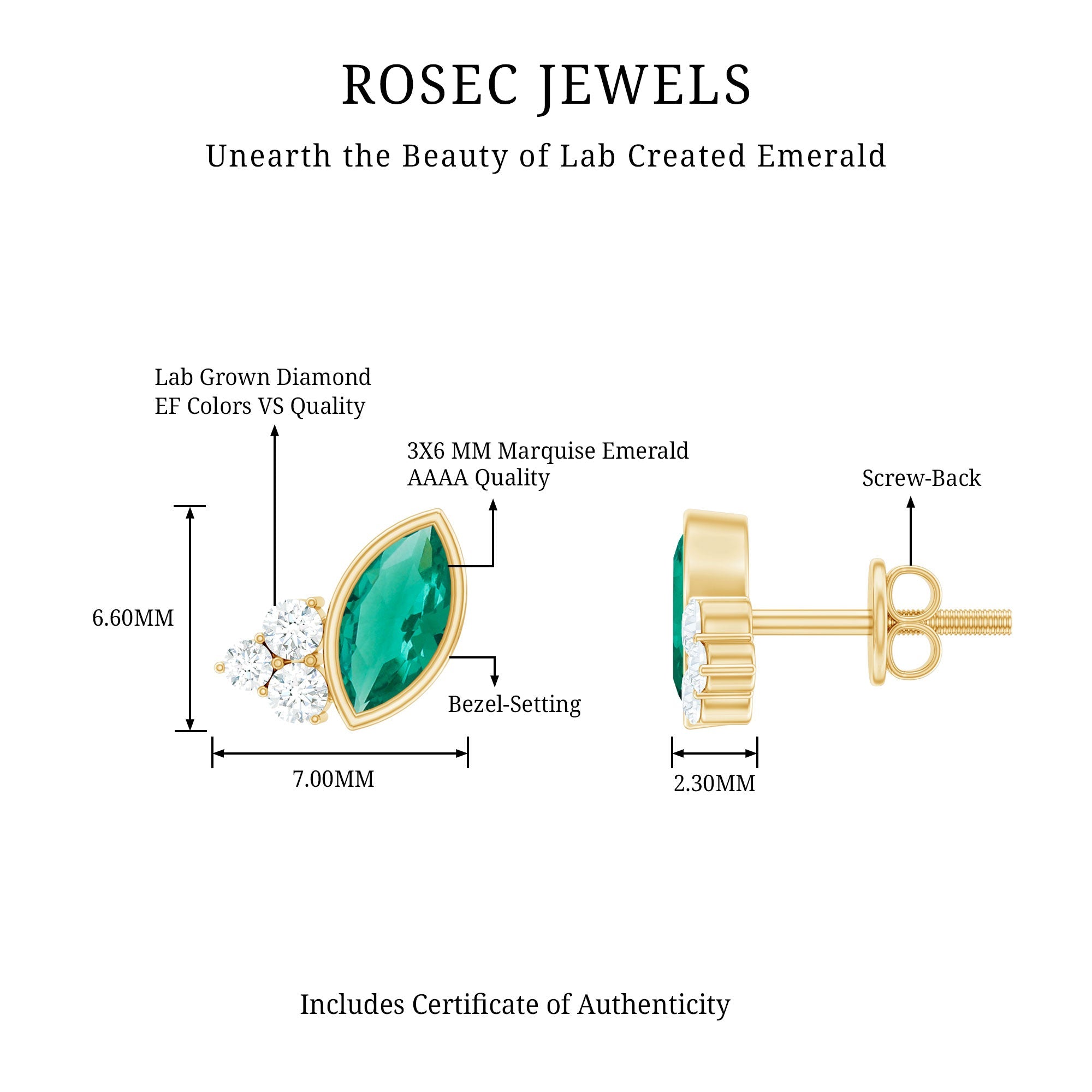Marquise Shape 0.6 Carat Lab Grown Emerald Stud Earrings with Diamond Trio