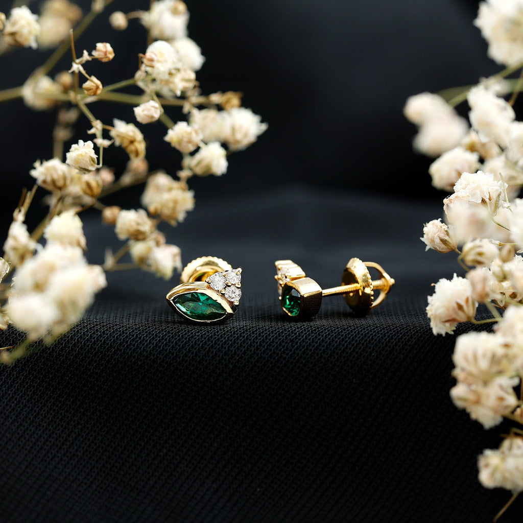 Marquise Shape 0.6 Carat Lab Grown Emerald Stud Earrings with Diamond Trio