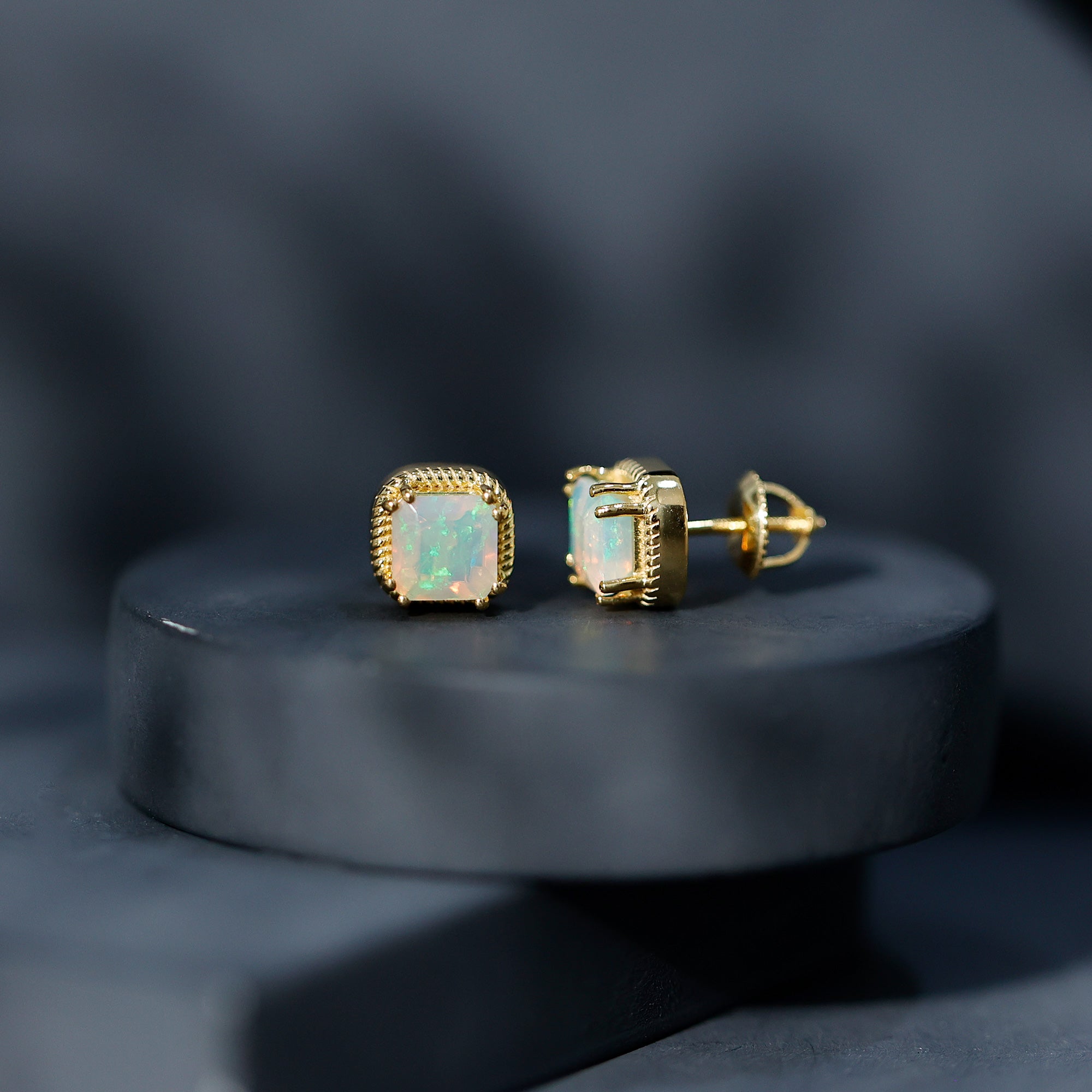 6 Carat Asscher Cut Ethiopian Opal Stud Earrings in Gold Plated Silver