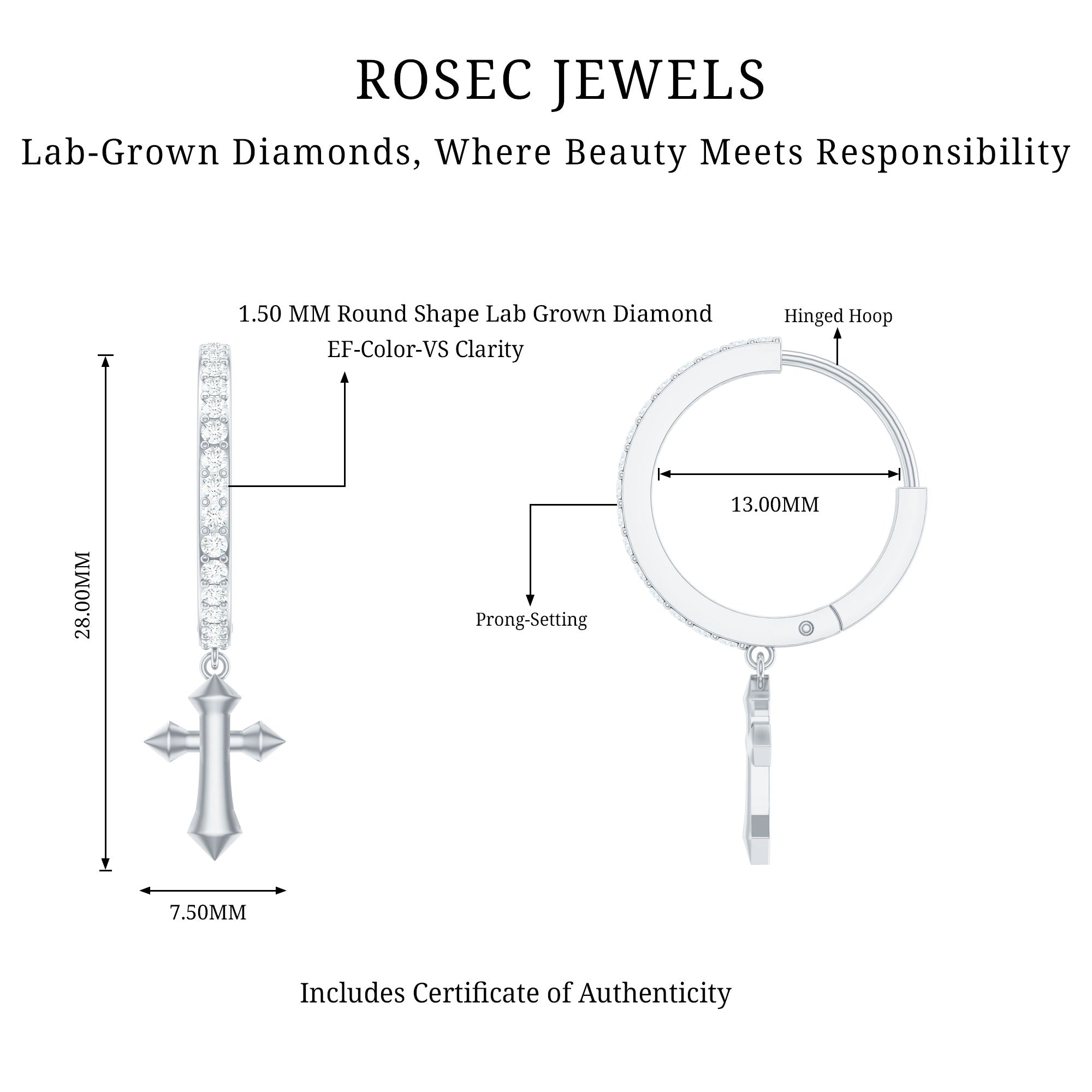 Lab Grown Diamond Holy Cross Hoop Drop Earrings For Women
