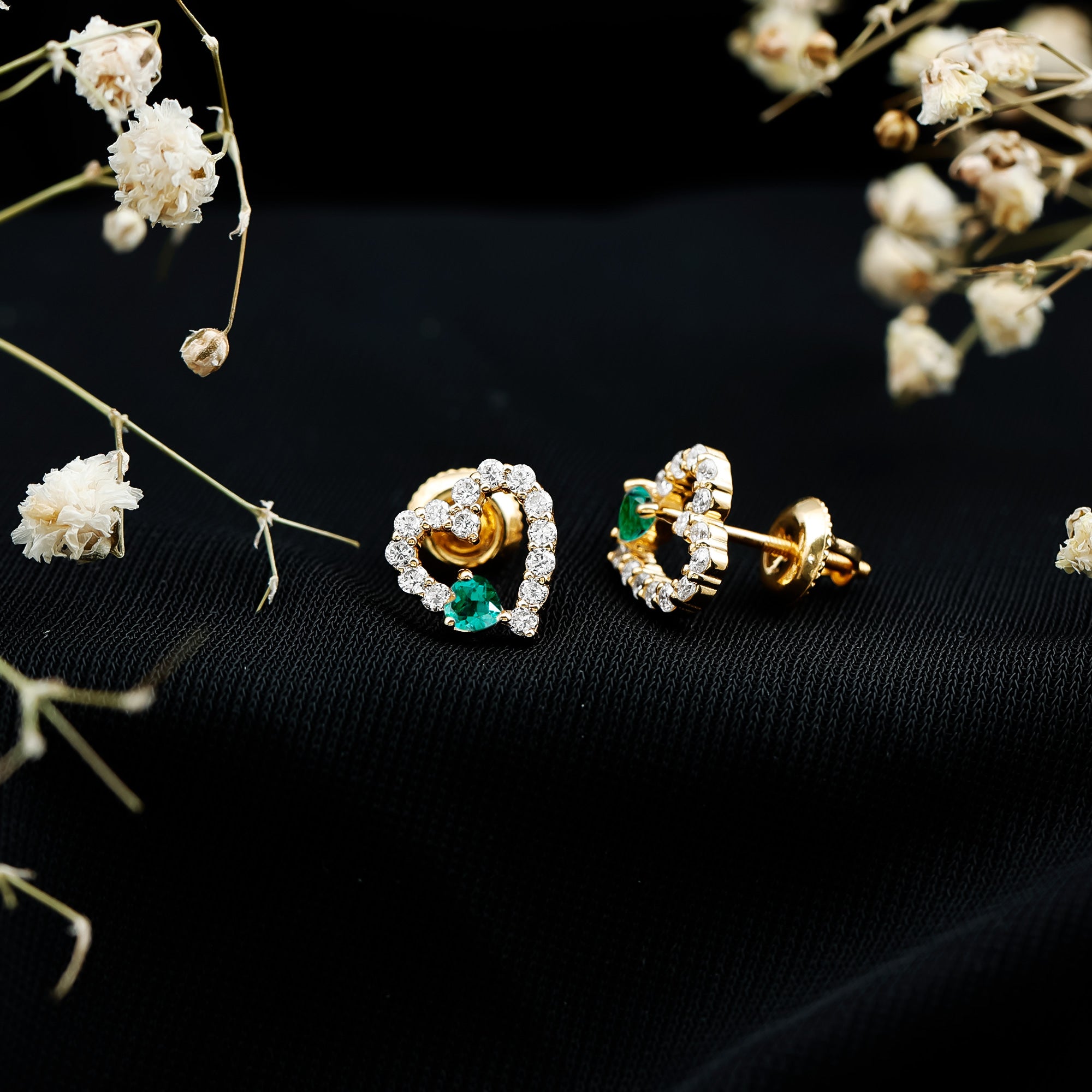 Lab Grown Emerald and Diamond Heart Stud Earrings in Yellow Gold Plated Silver