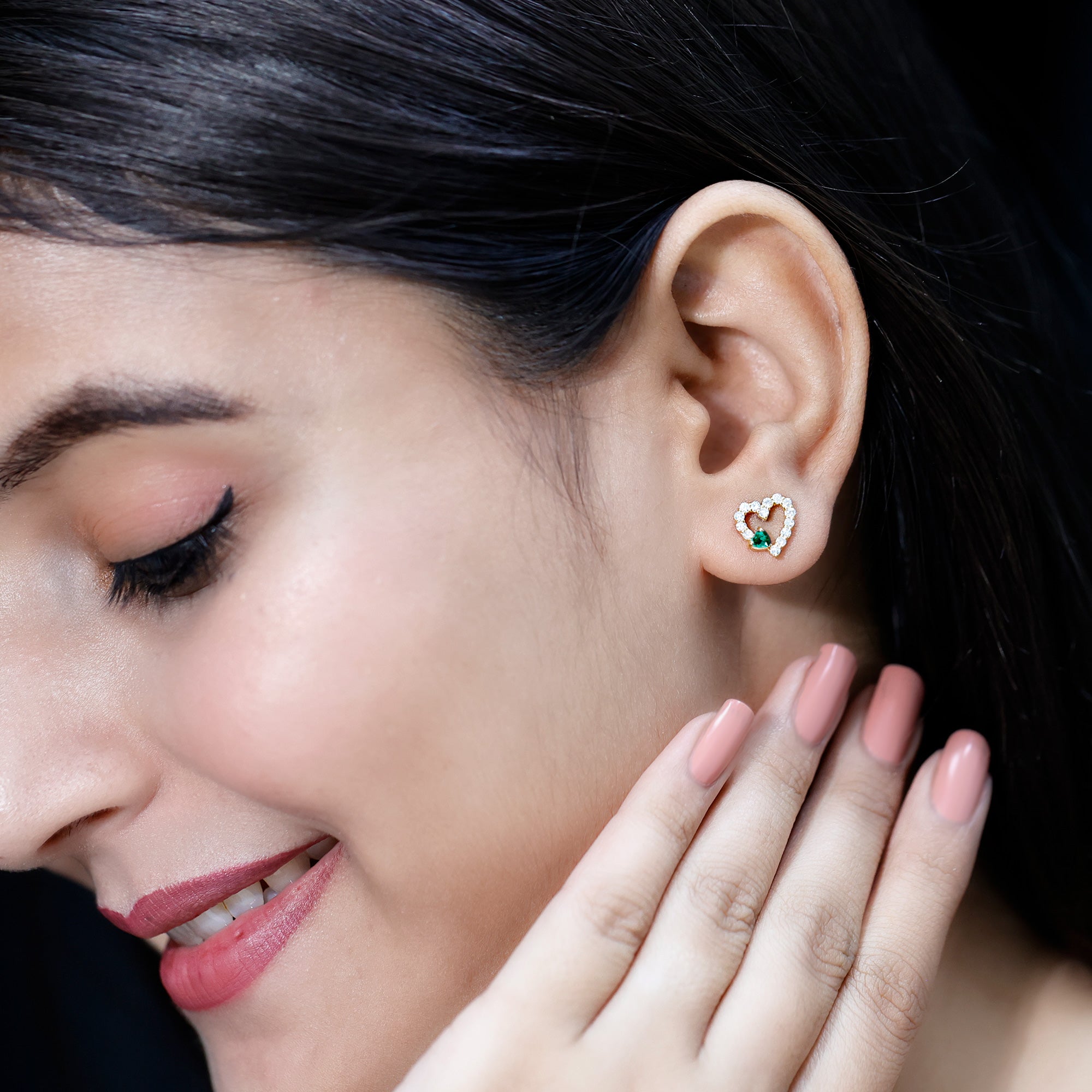 Lab Grown Emerald and Diamond Heart Stud Earrings in Yellow Gold Plated Silver