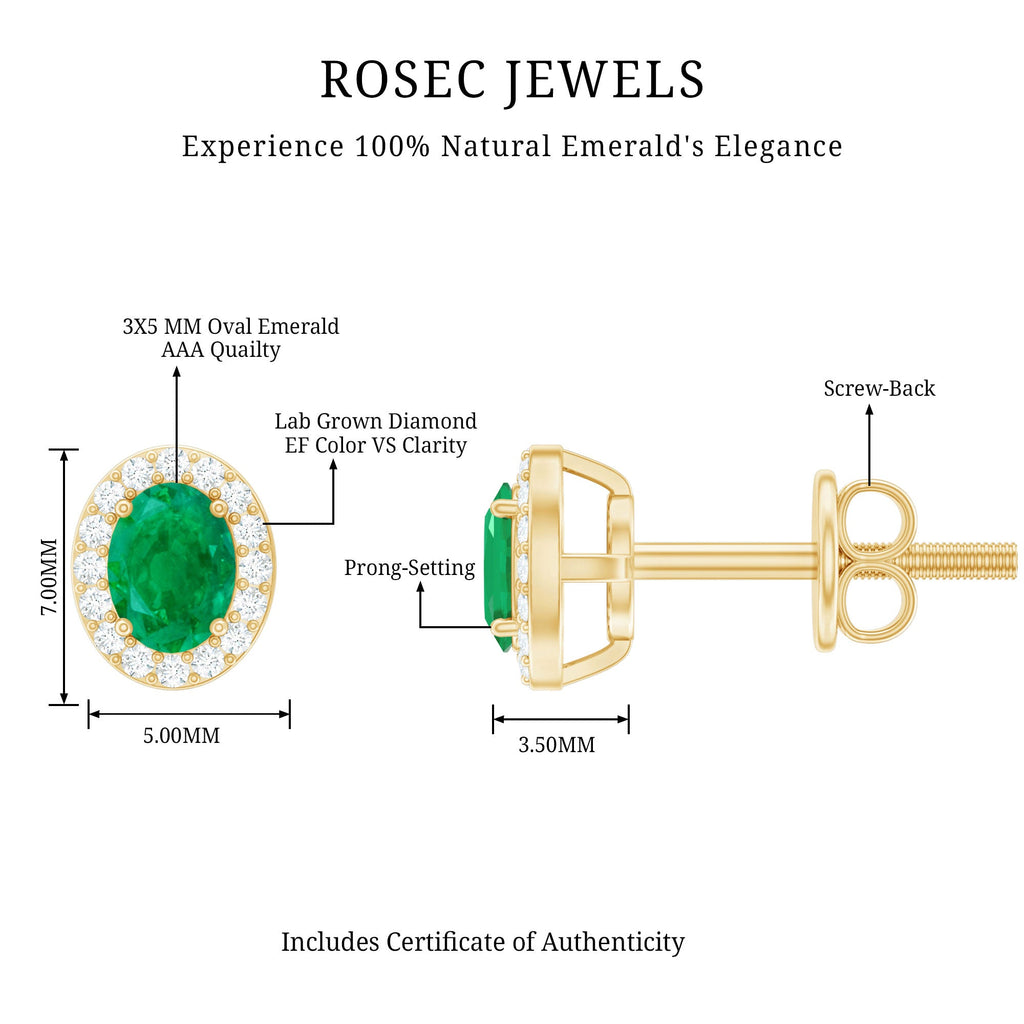 Genuine Emerald Stud Earrings with Diamond Halo