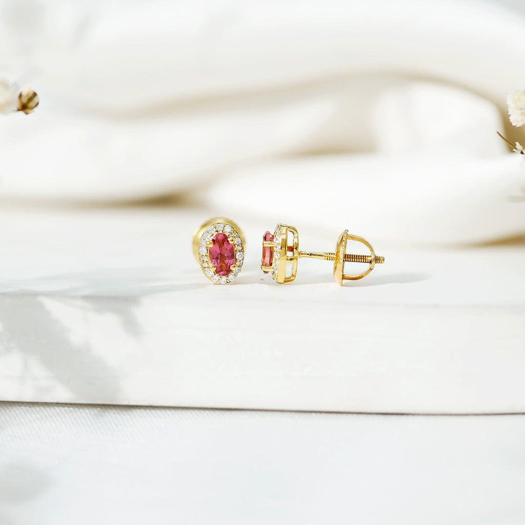 Genuine Oval Shaped Pink Tourmaline and Diamond Halo Stud Earrings