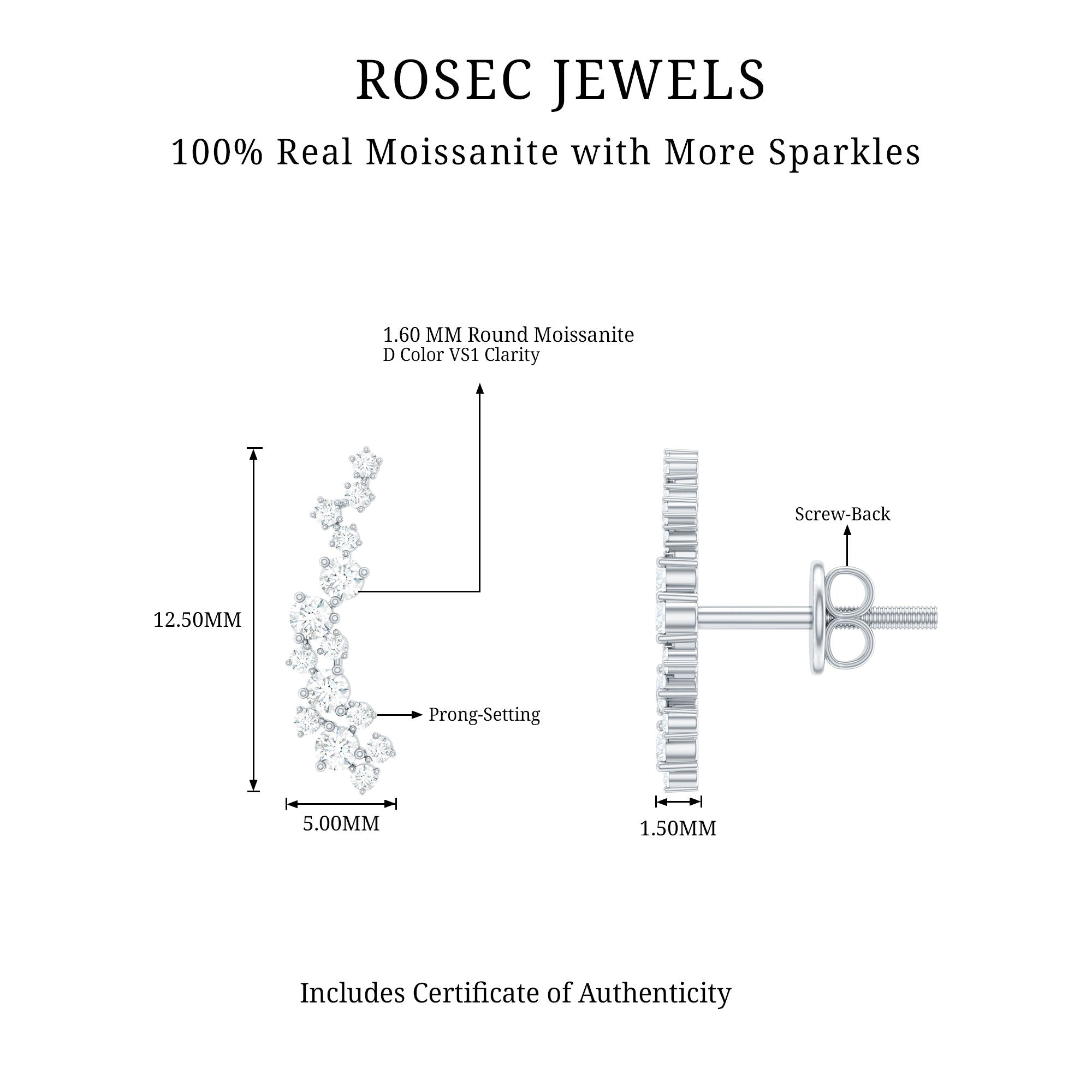 Certified Moissanite Ear Climber Earrings