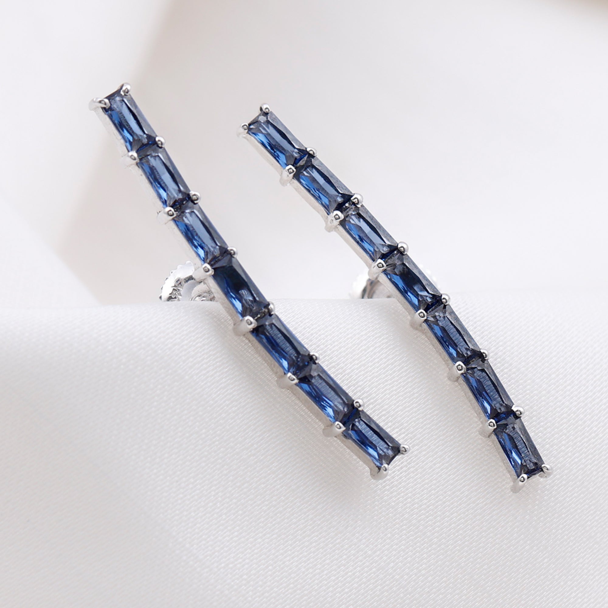 Baguette Cut Lab Grown Blue Sapphire Climber Earrings