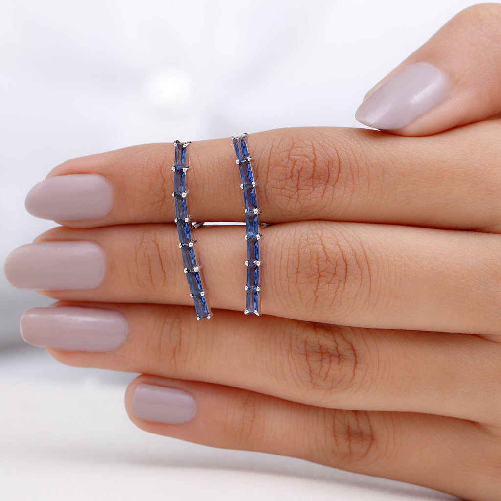 Baguette Cut Lab Grown Blue Sapphire Climber Earrings