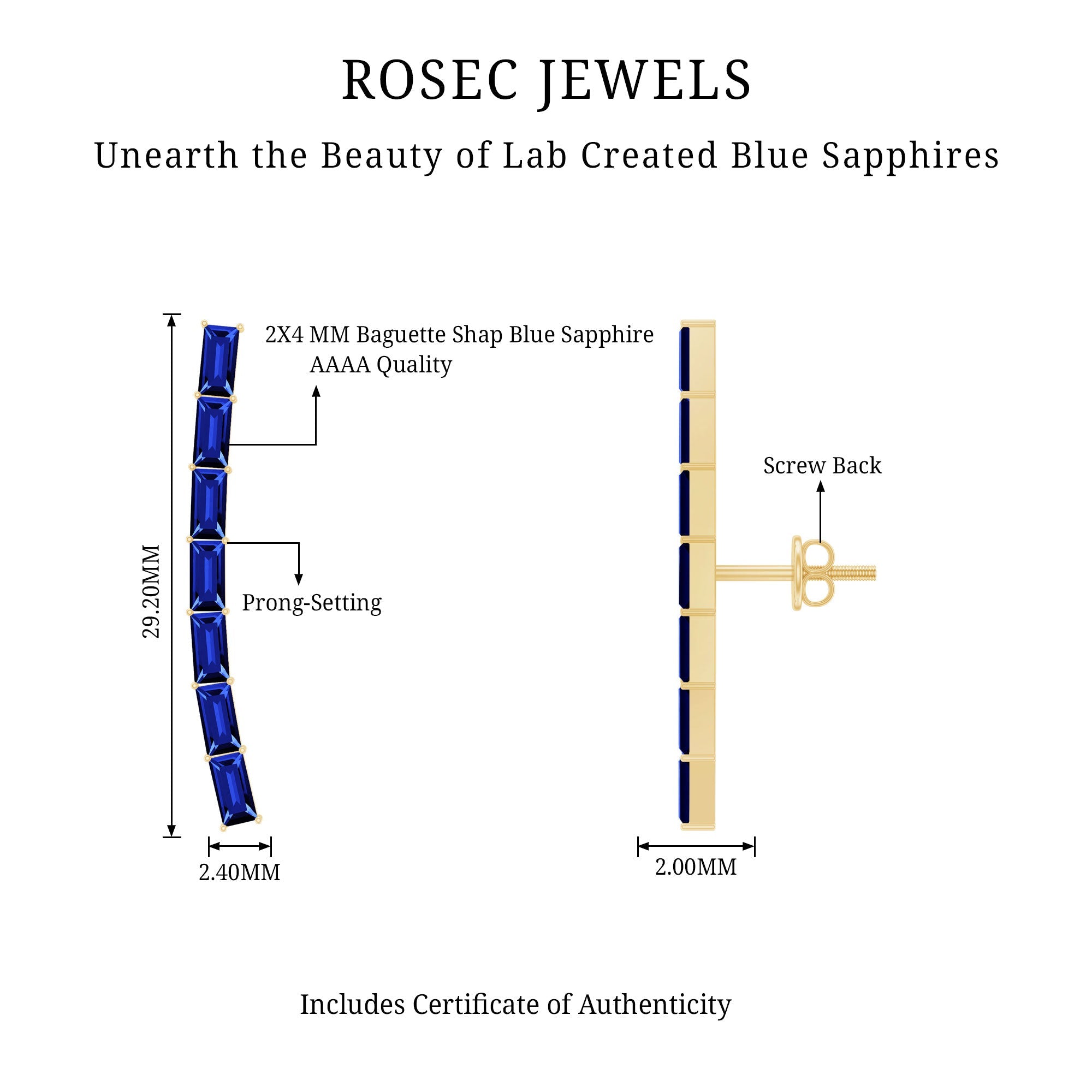 Baguette Cut Lab Grown Blue Sapphire Climber Earrings