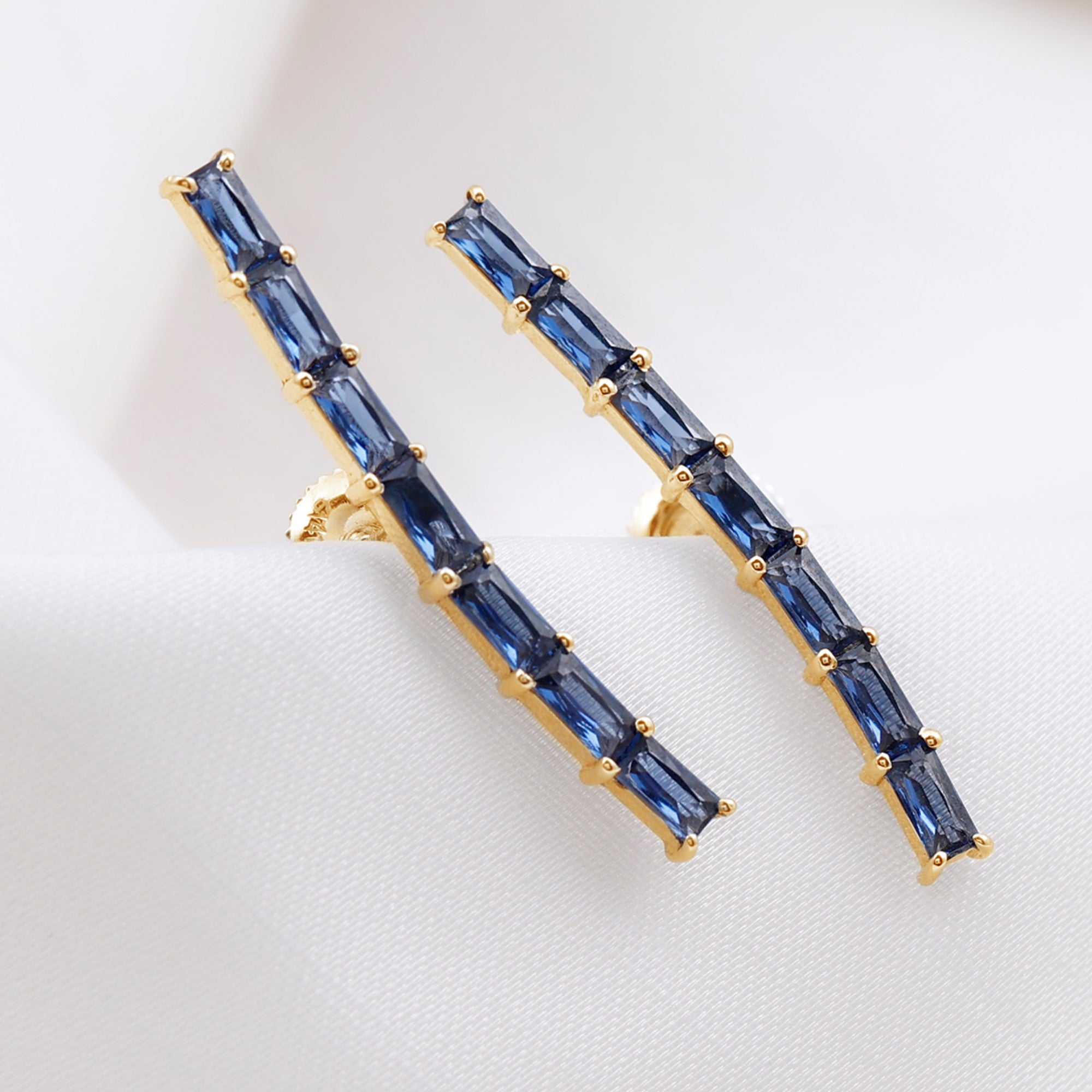 Baguette Cut Lab Grown Blue Sapphire Climber Earrings