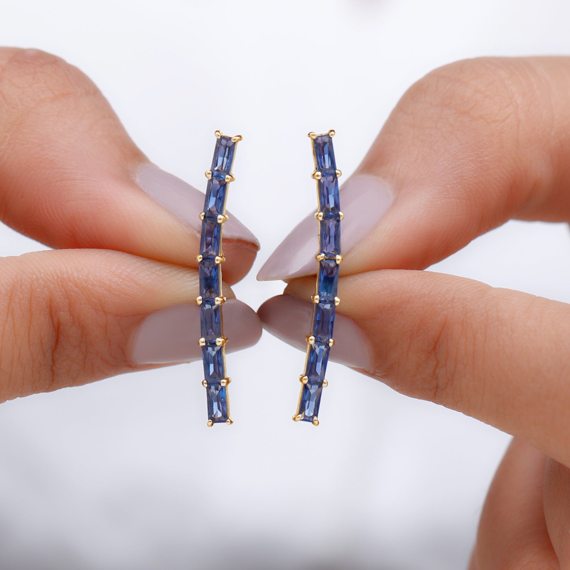 Baguette Cut Lab Grown Blue Sapphire Climber Earrings