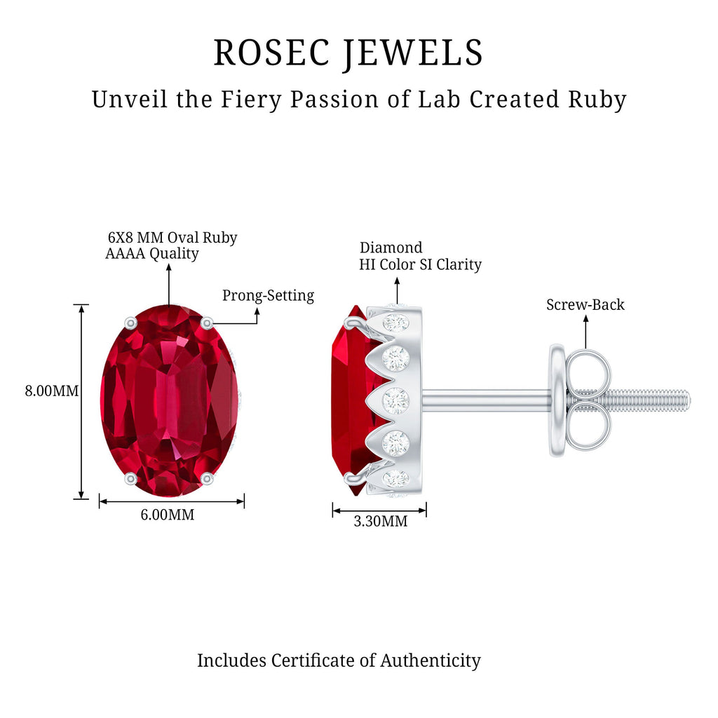 3 CT Oval Lab-Created Ruby Bridal Stud Earrings with Diamond