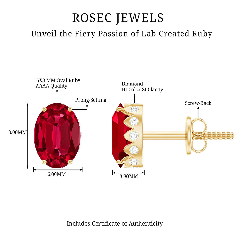 3 CT Oval Lab-Created Ruby Bridal Stud Earrings with Diamond