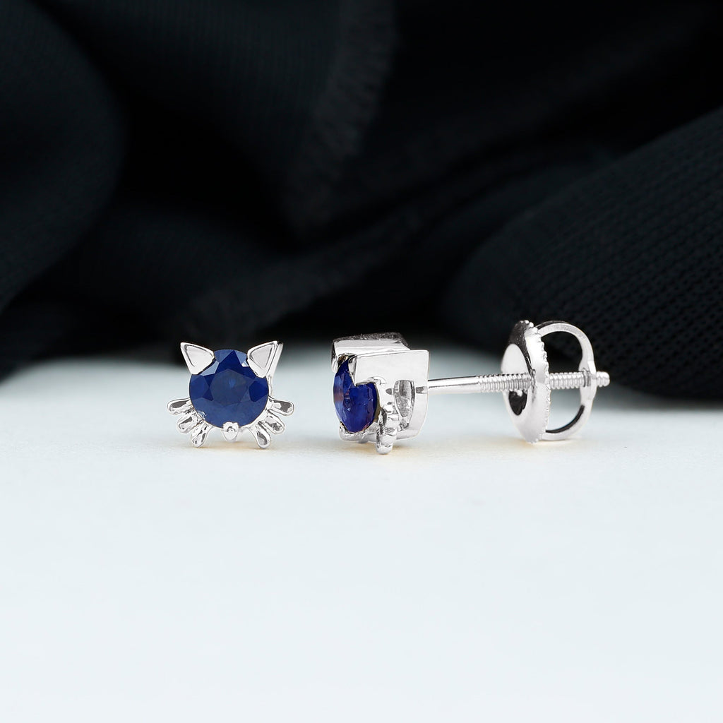 Natural 0.8 Carat Blue Sapphire Cat Stud Earrings for Women