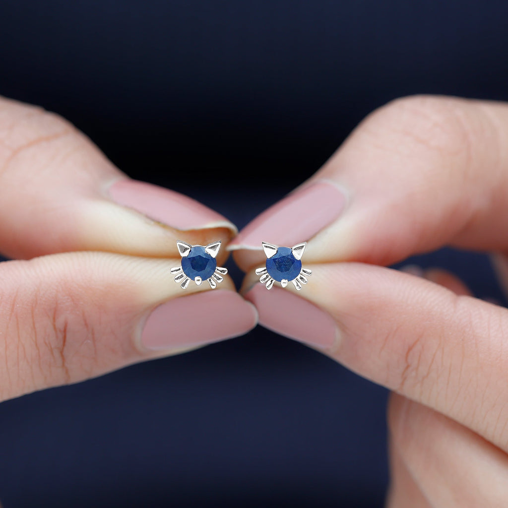 Natural 0.8 Carat Blue Sapphire Cat Stud Earrings for Women
