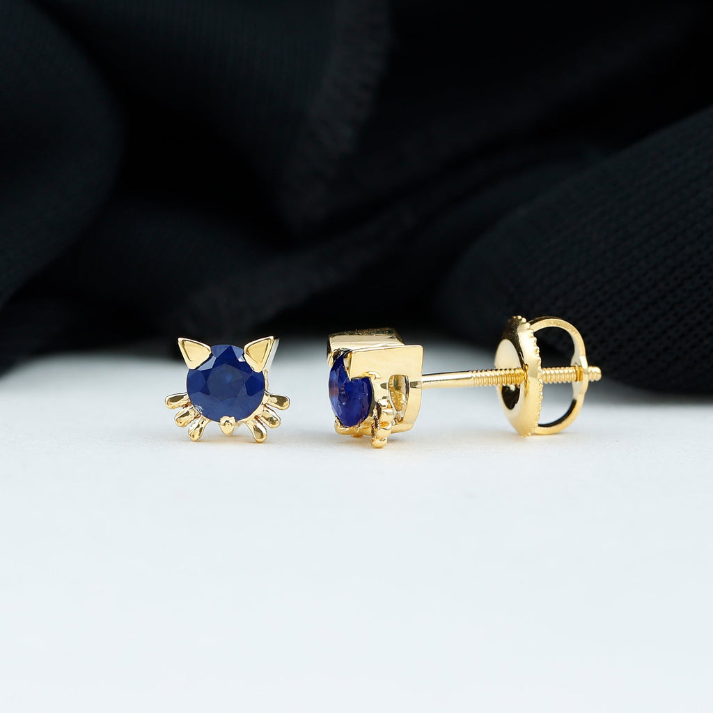 Natural 0.8 Carat Blue Sapphire Cat Stud Earrings for Women