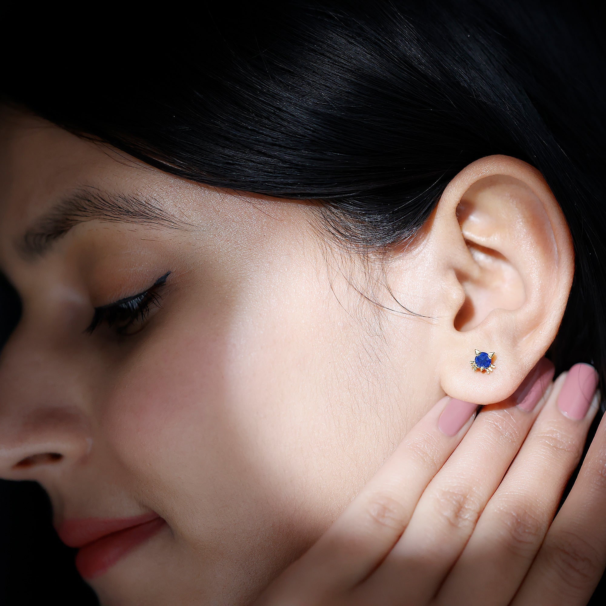 Natural 0.8 Carat Blue Sapphire Cat Stud Earrings for Women