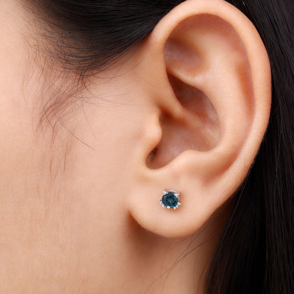 1 CT Round Shape London Blue Topaz Cat Stud Earrings
