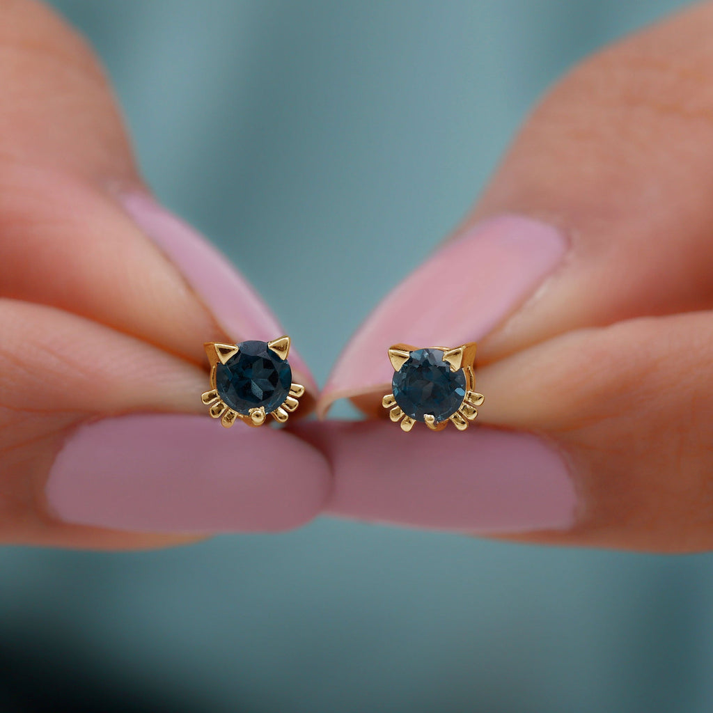 1 CT Round Shape London Blue Topaz Cat Stud Earrings