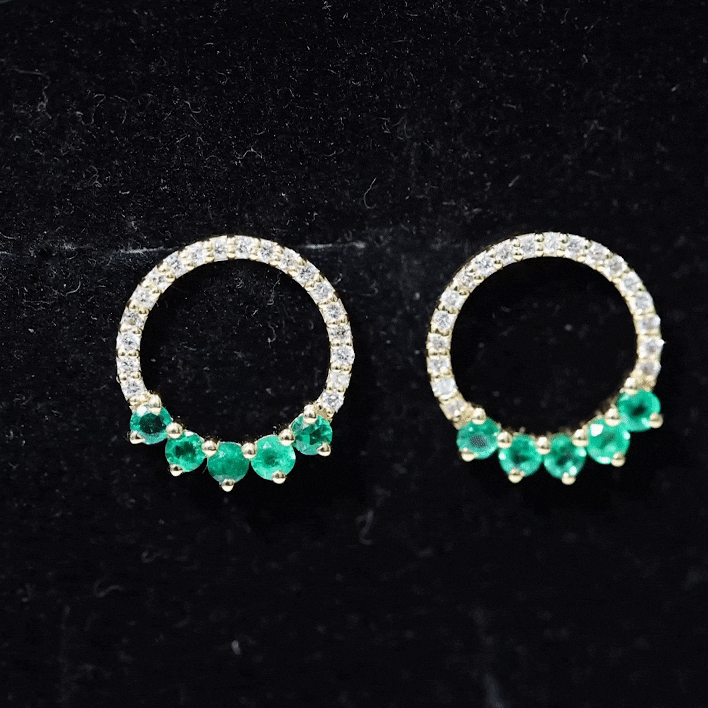 Open Circle Stud Earrings with Emerald and Diamond