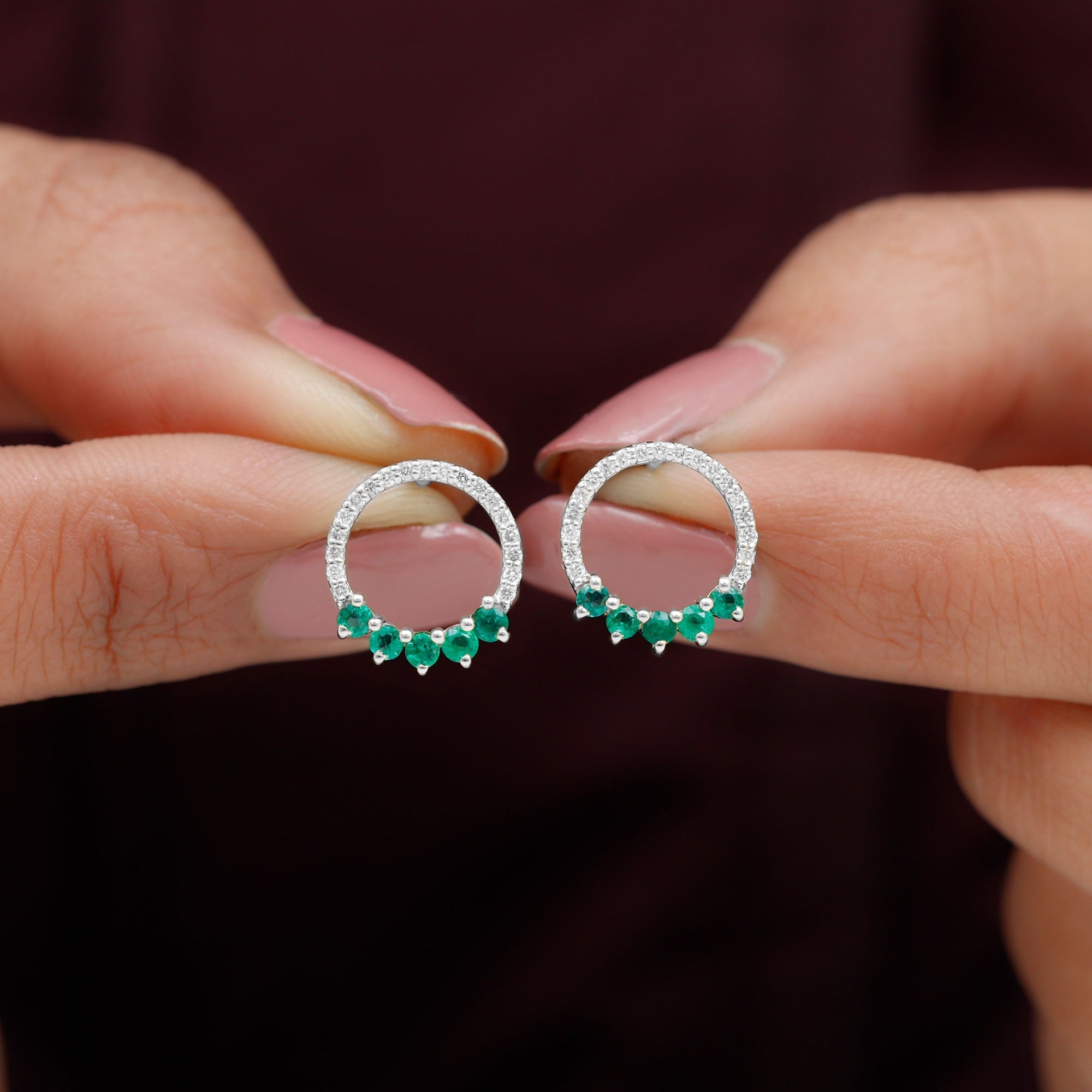 Open Circle Stud Earrings with Emerald and Diamond
