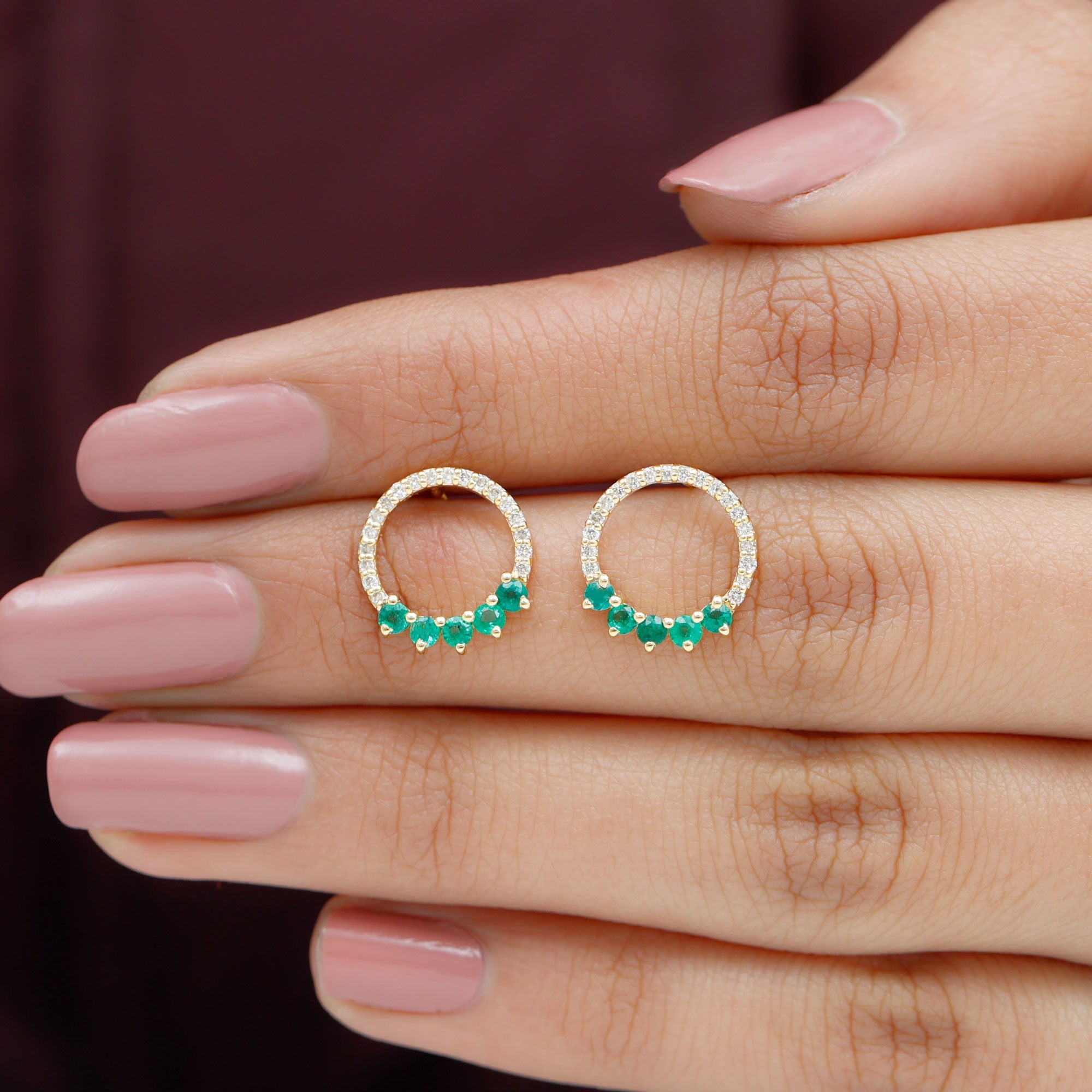 Open Circle Stud Earrings with Emerald and Diamond