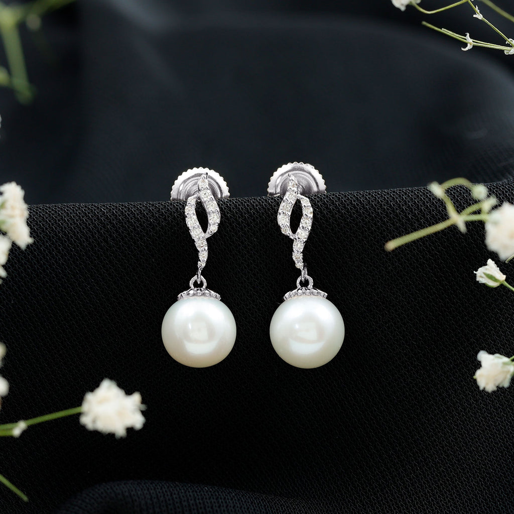 8MM Freshwater Pearl Drop Earrings with Diamond Accents