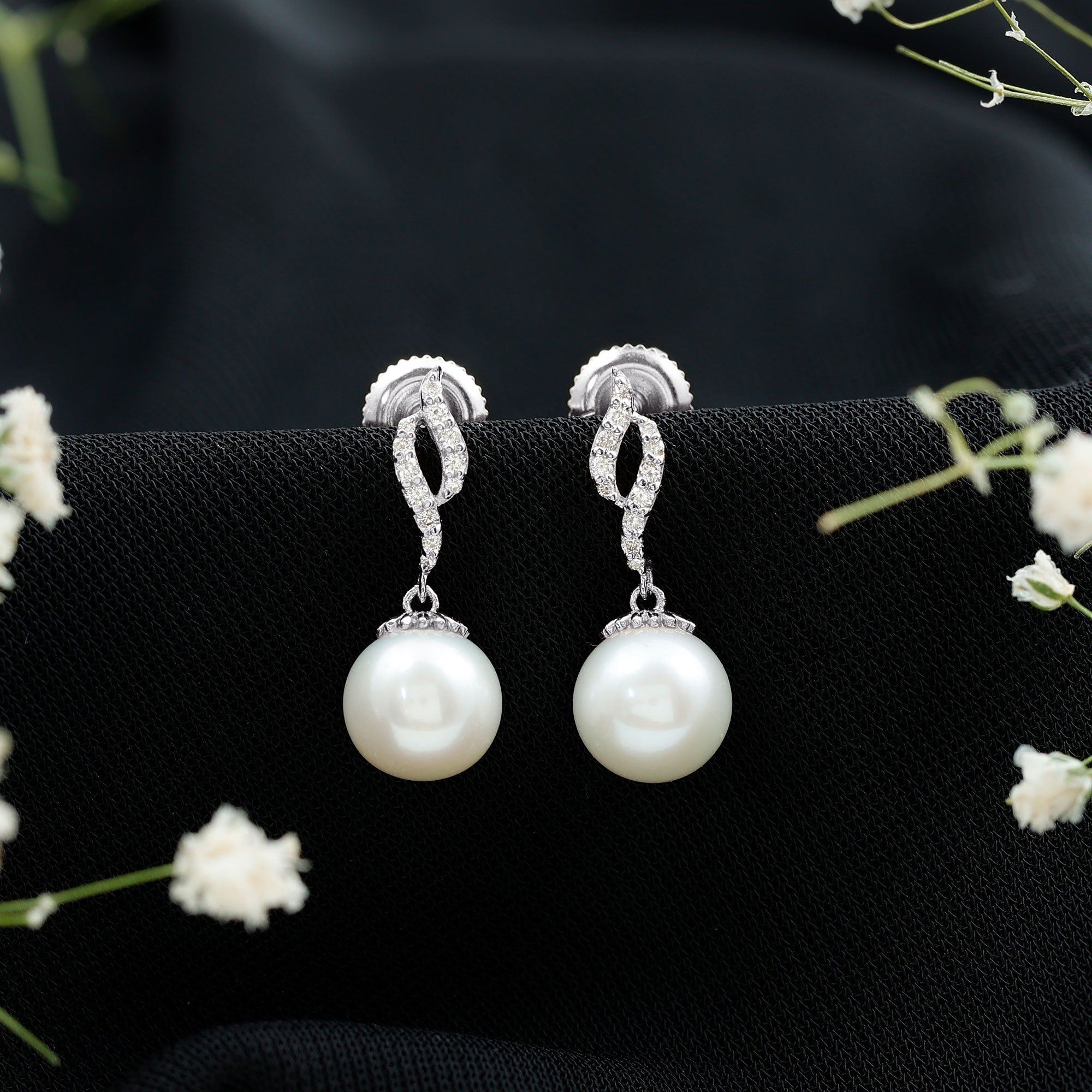 8MM Freshwater Pearl Drop Earrings with Diamond Accents