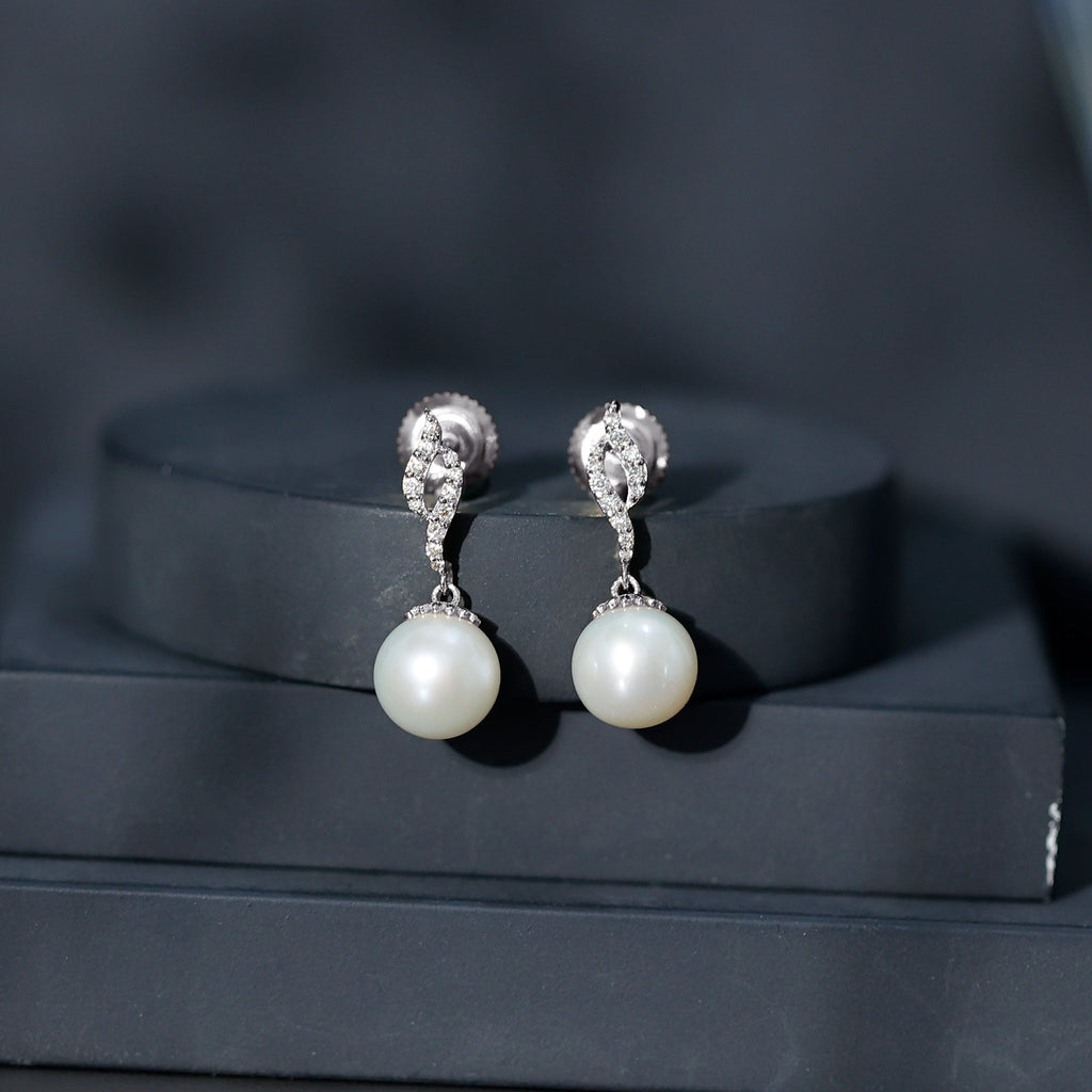 8MM Freshwater Pearl Drop Earrings with Diamond Accents