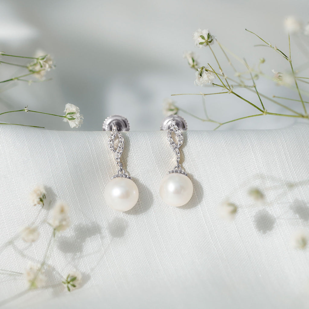 8MM Freshwater Pearl Drop Earrings with Diamond Accents