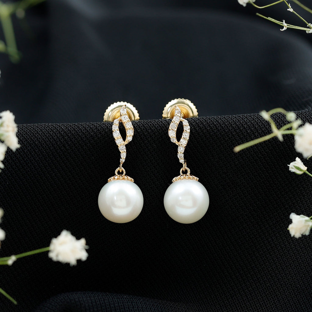 8MM Freshwater Pearl Drop Earrings with Diamond Accents