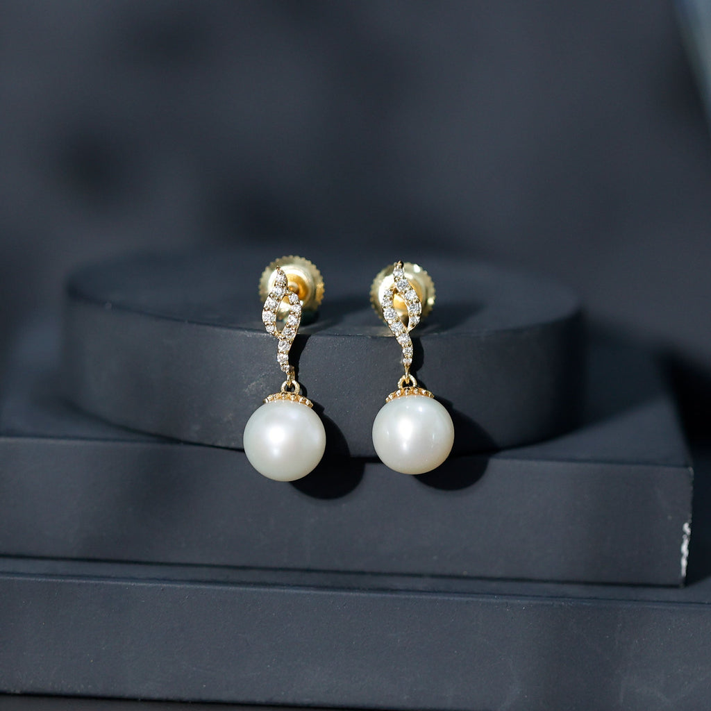 8MM Freshwater Pearl Drop Earrings with Diamond Accents