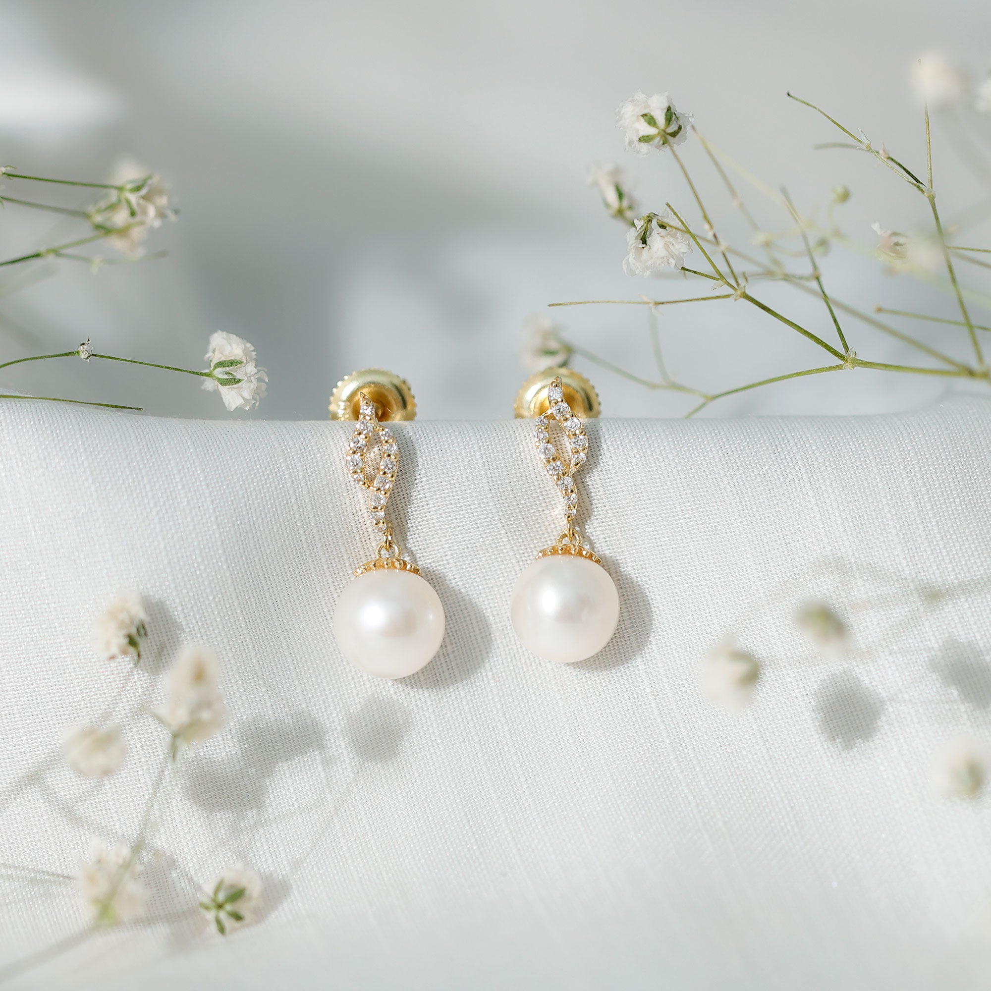 8MM Freshwater Pearl Drop Earrings with Diamond Accents