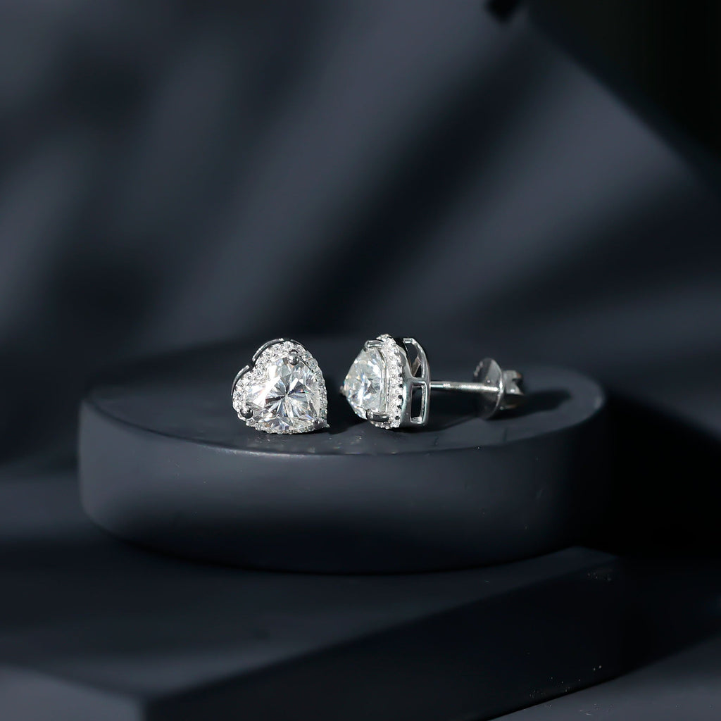 Certified Moissanite Heart Stud Earrings with Halo