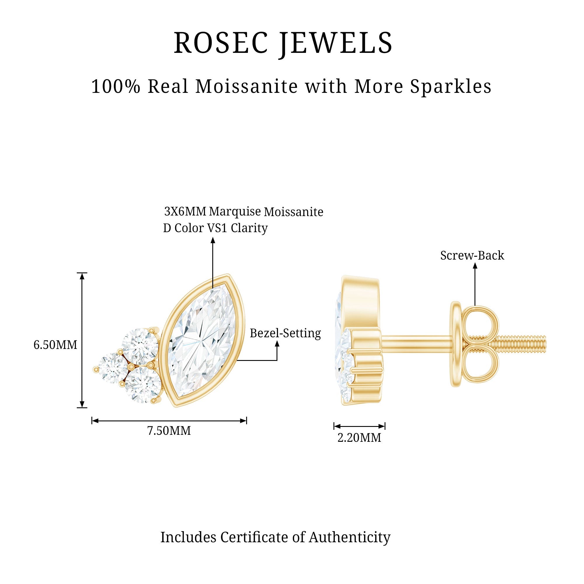 0.75 CT Marquise Shape Moissanite Stud Earrings with Screw Back