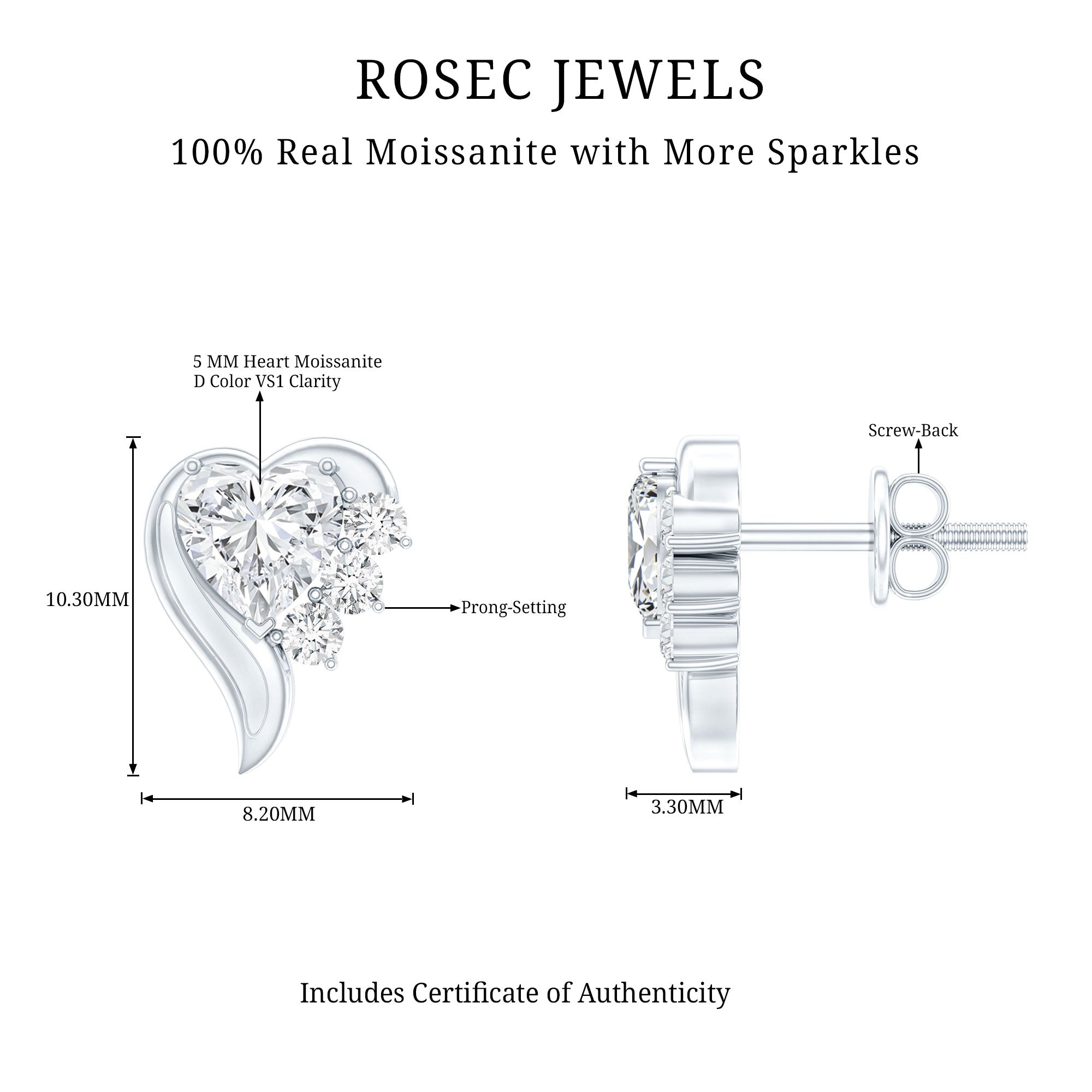 Heart Shape Moissanite Stud Earrings with Screw Back