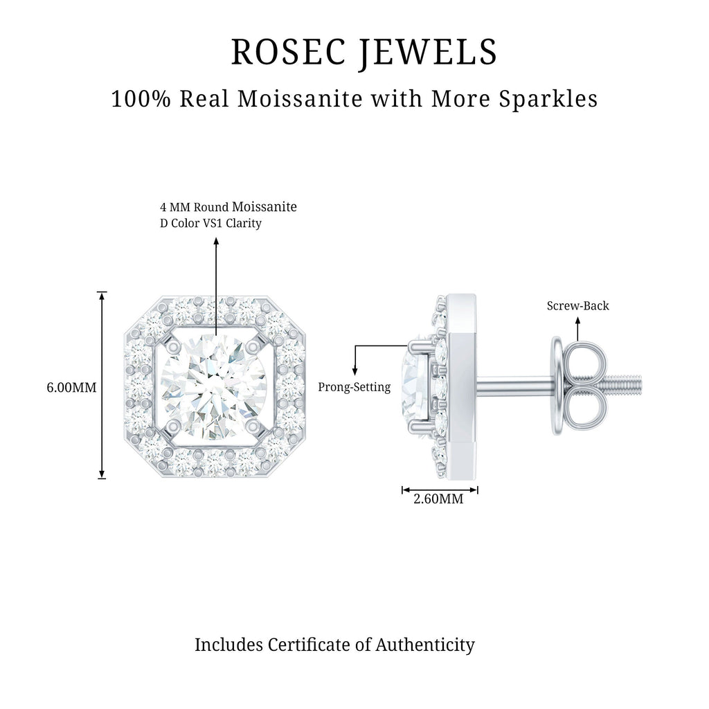 Round Cut Certified Moissanite Halo Stud Earrings in Gold