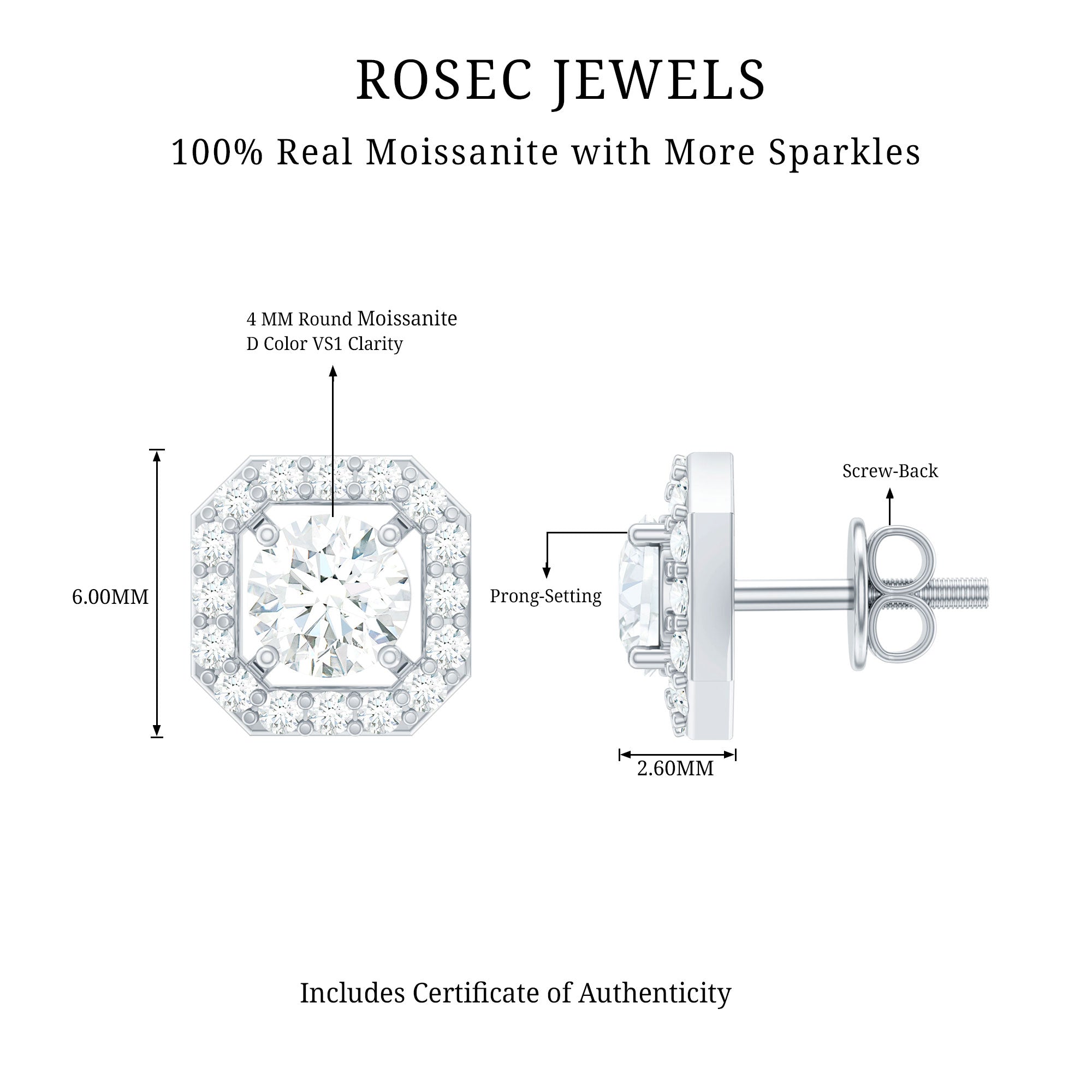 Round Cut Certified Moissanite Halo Stud Earrings in Gold