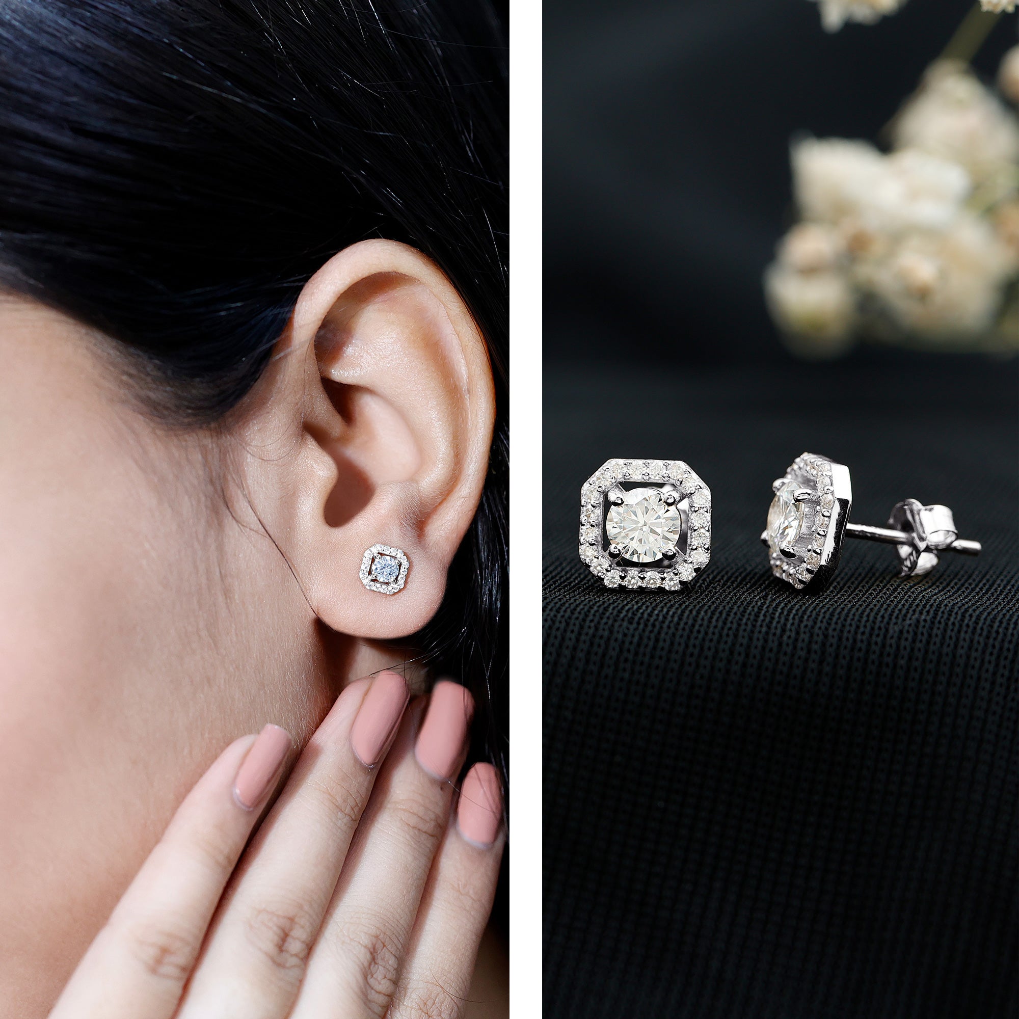 Round Cut Certified Moissanite Halo Stud Earrings in Gold