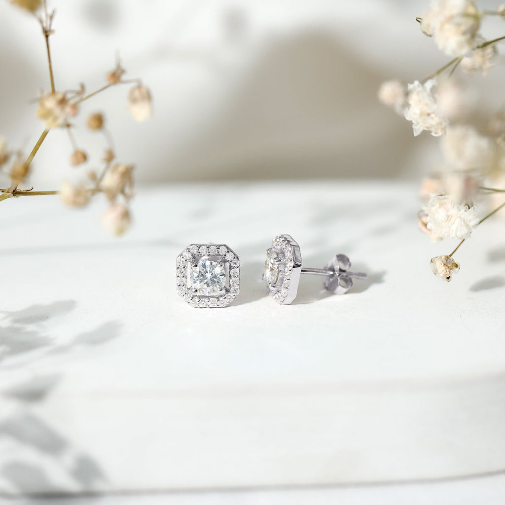 Round Cut Certified Moissanite Halo Stud Earrings in Gold