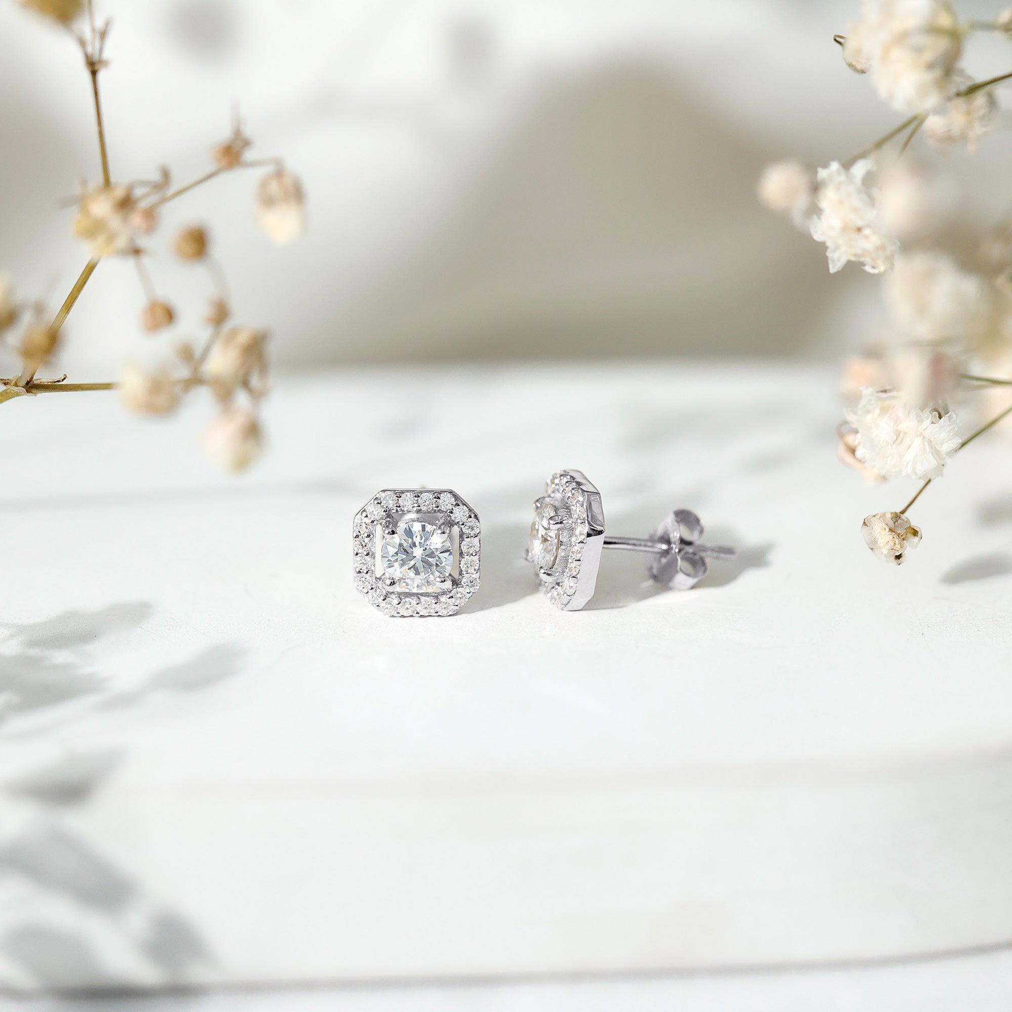 Round Cut Certified Moissanite Halo Stud Earrings in Gold