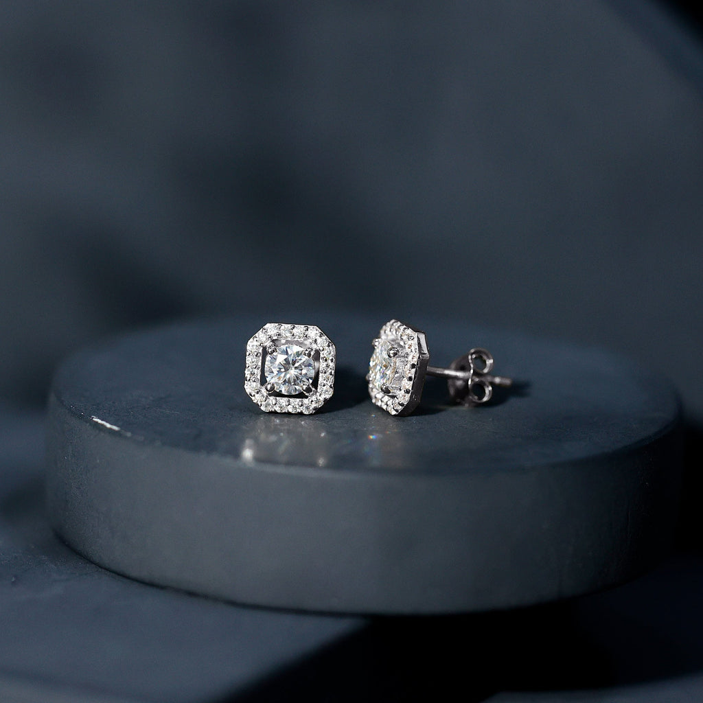 Round Cut Certified Moissanite Halo Stud Earrings in Gold