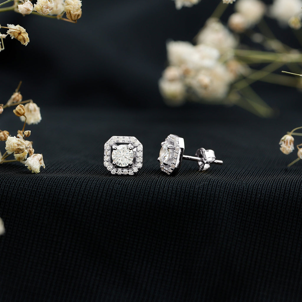 Round Cut Certified Moissanite Halo Stud Earrings in Gold