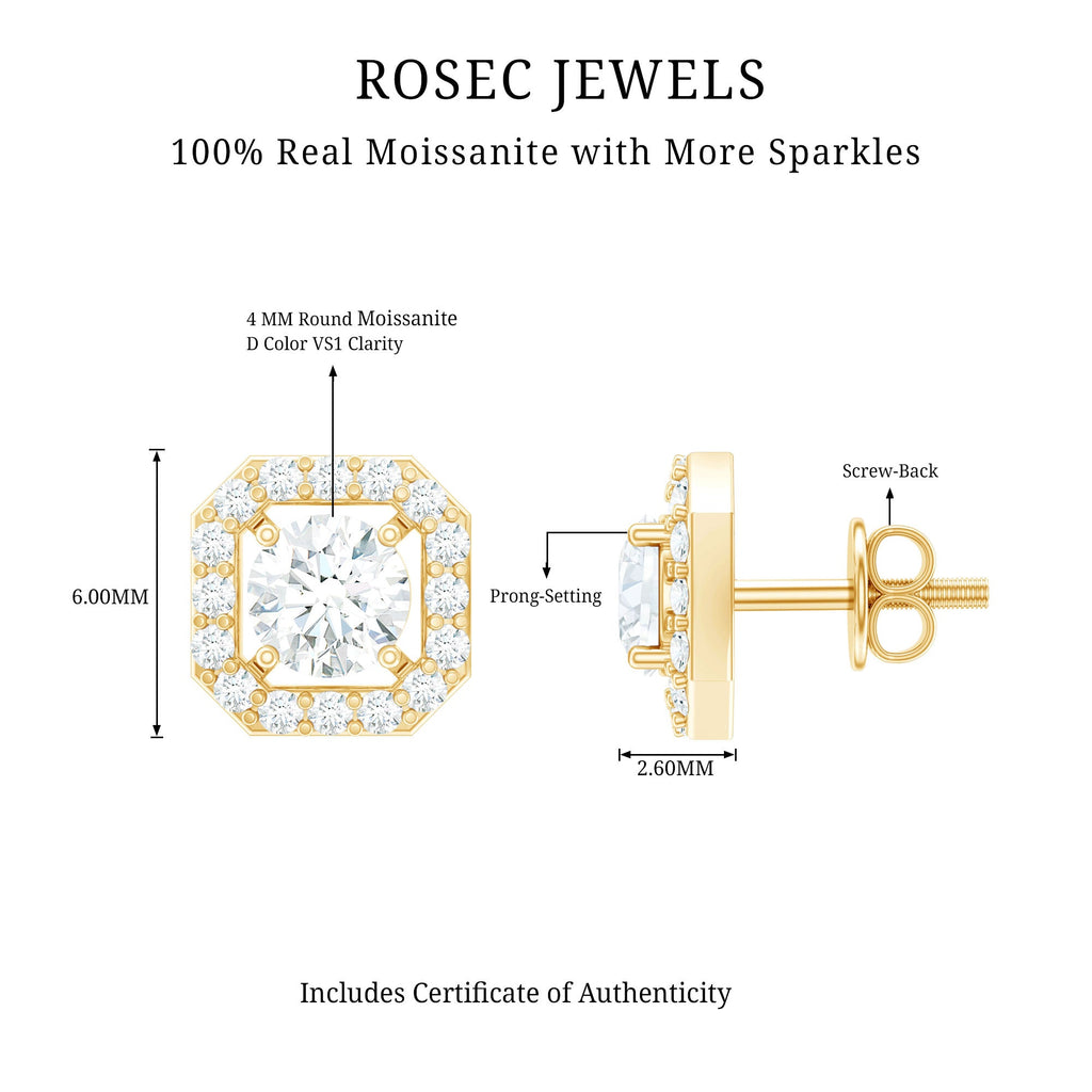 Round Cut Certified Moissanite Halo Stud Earrings in Gold