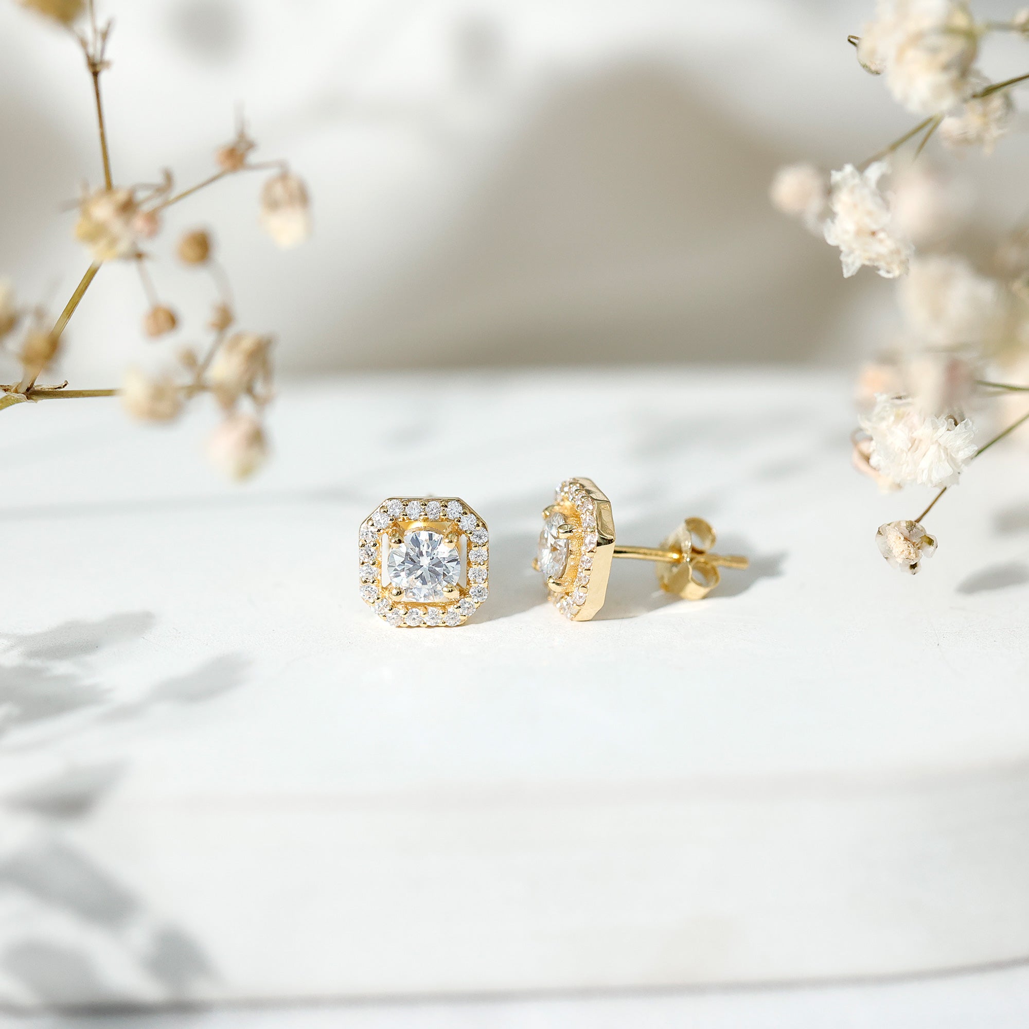 Round Cut Certified Moissanite Halo Stud Earrings in Gold