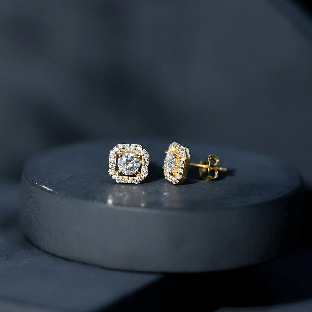 Round Cut Certified Moissanite Halo Stud Earrings in Gold