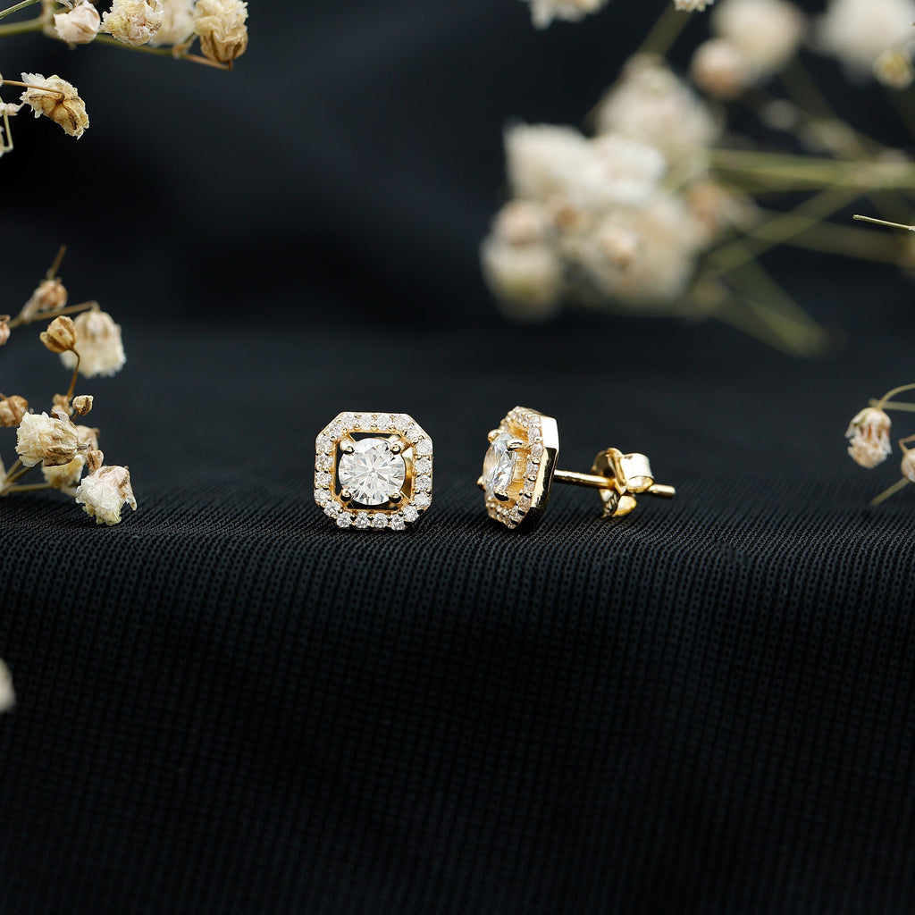 Round Cut Certified Moissanite Halo Stud Earrings in Gold