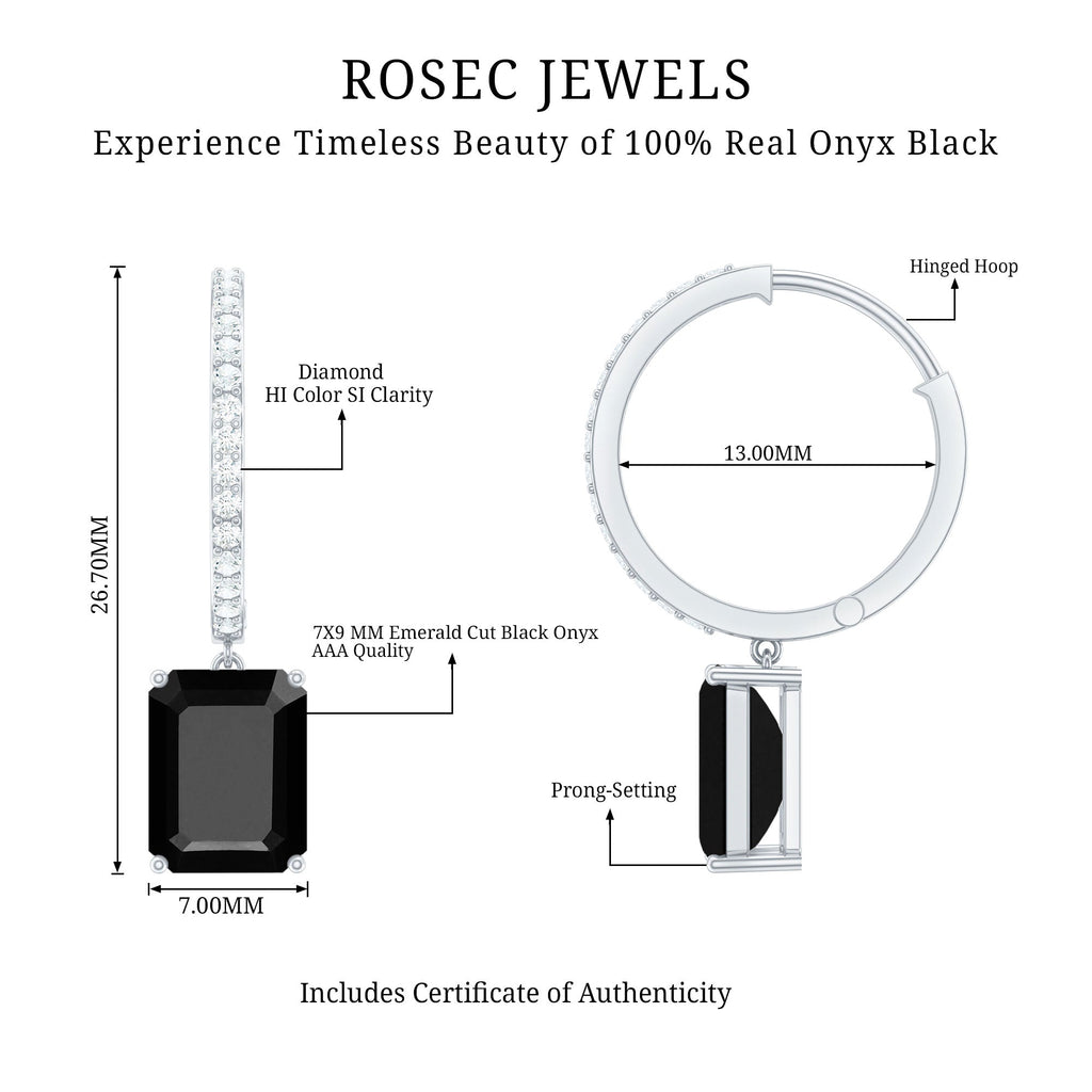 Natural 7X9mm Emerald Cut Black Onyx Hoop Drop Earrings with Diamond