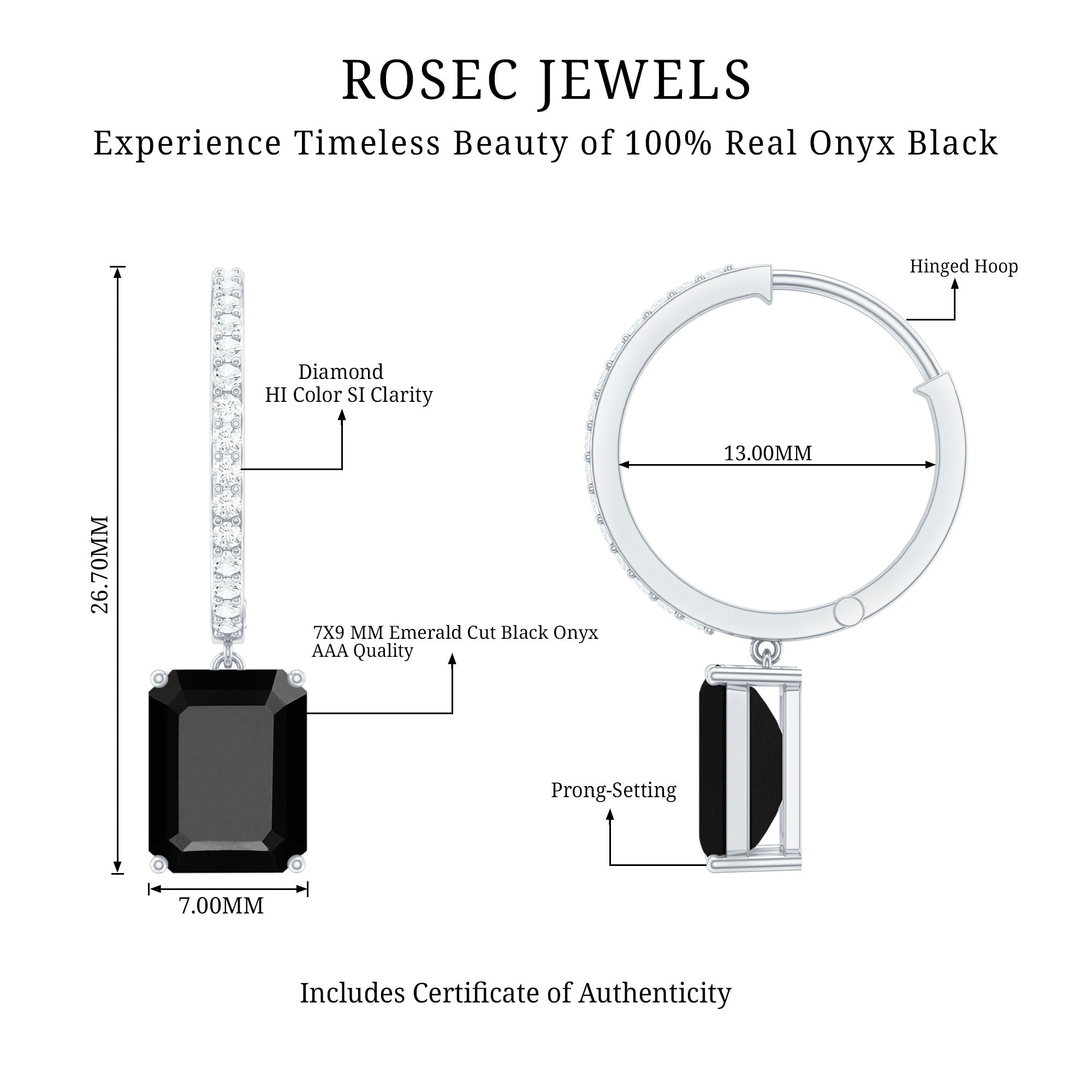 Natural 7X9mm Emerald Cut Black Onyx Hoop Drop Earrings with Diamond